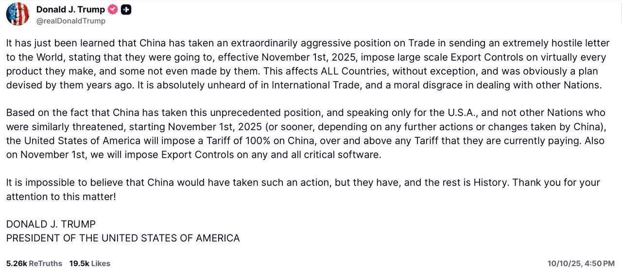 最新！#中美贸易战！川普总统刚发Truth: